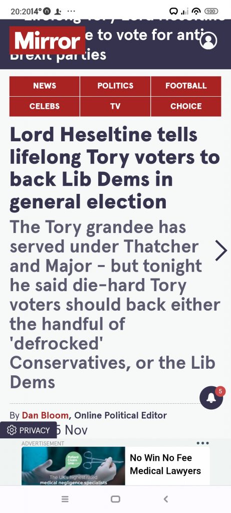 Ex-Tory minister Heseltine says back the LDs