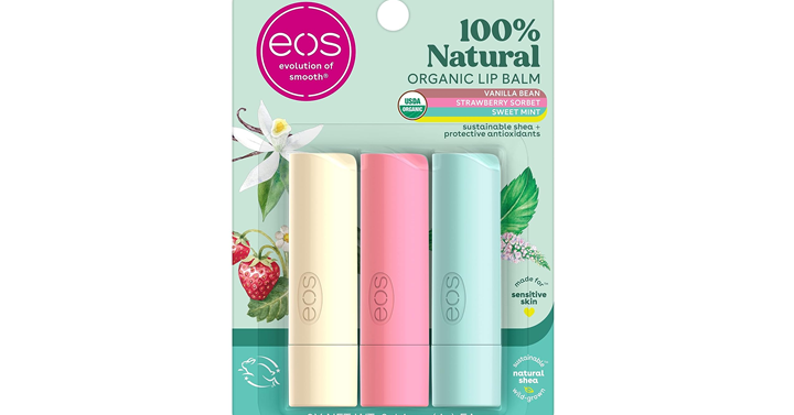 <div>eos 100% Natural & Organic Lip Balm Trio- Vanilla Bean, Sweet Mint, & Strawberry Sorbet – Just $4.77!</div>
