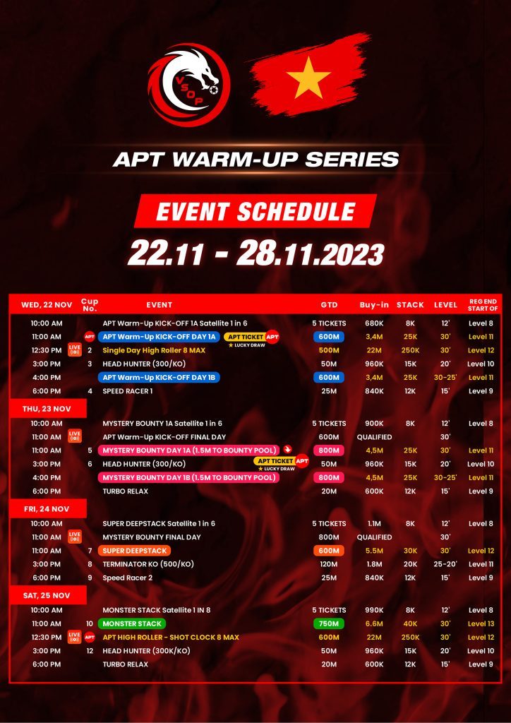 Vietnam Series of Poker (VSOP) announces APT Warm Up Series – November 22 to 28 in Hanoi, Vietnam