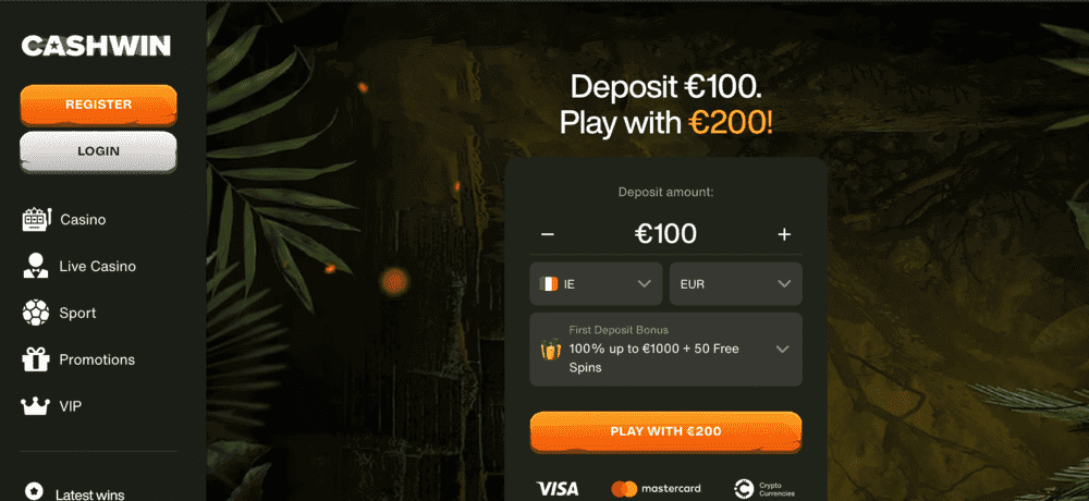 Get 100% upto €1000 from CashWin