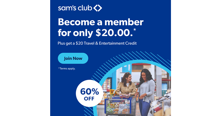 <div>Save Over 60% on a new Sam’s Club Membership! Get a 1 year membership for just $20 + Receive a $20 Travel & Entertainment Credit!</div>