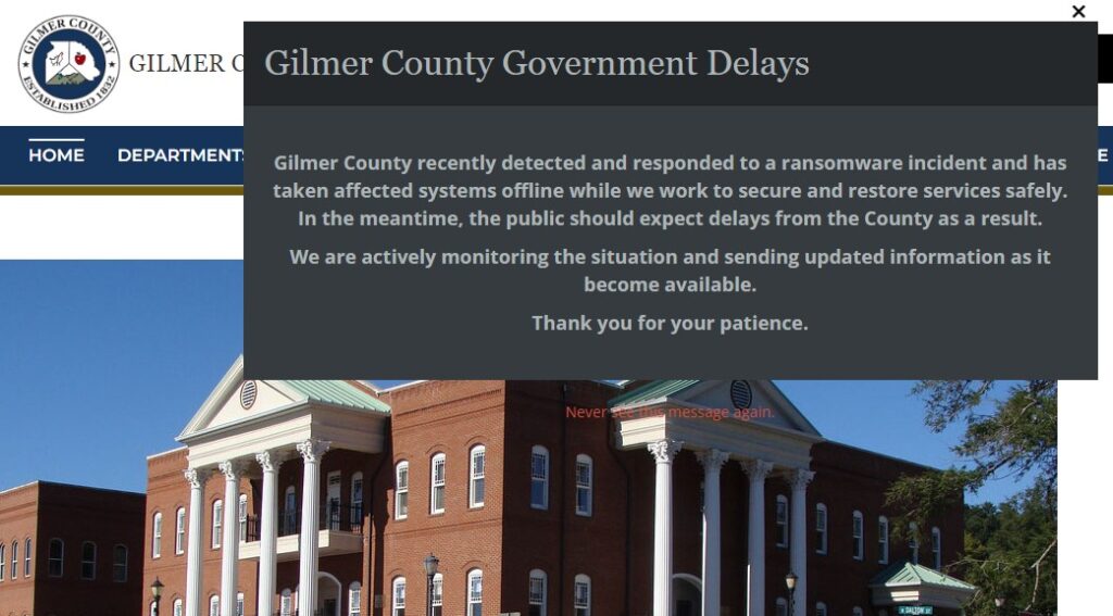 Gilmer County, GA government confirms ransomware attack, public service delays