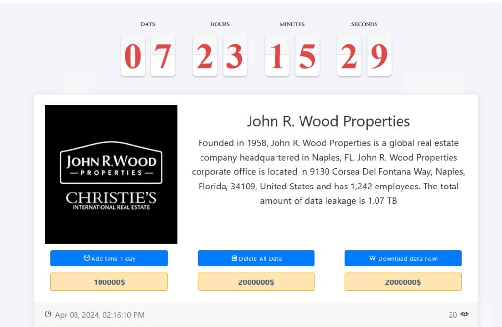 Ransomware group claims it hacked John R. Wood Properties, demands $2 million (unconfirmed)