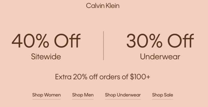 Calvin Klein Canada Sale: Save 40% off Sitewide + Extra $20 off Orders of $100 or More